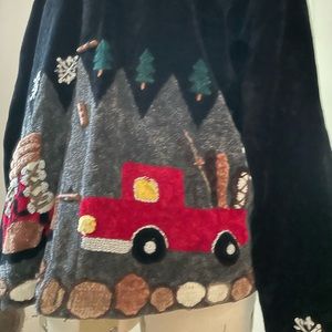 Christmas cardigan with log buttons, oh my!